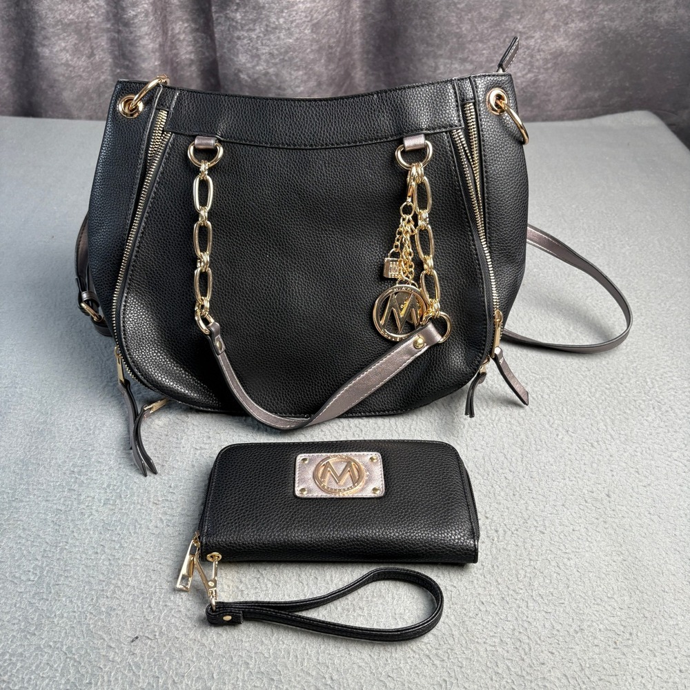 Mia K. Collection Black Pebbled Hobo Bag and Wristlet Wallet Set Gold Hardware